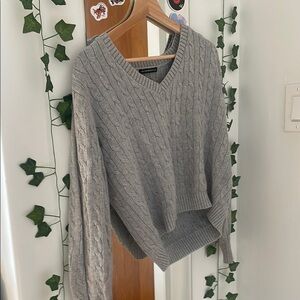 Gray Cable Knit V-Neck Sweater